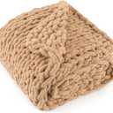 Chunky Knit Throw Blanket 50"X 60", 100% Handmade with Soft Chenille Yarn, 4.4lbs Thick Cable Knitted Blankets, Large Rope Knot Crochet Throws for Couch Sofa Bed Home Decor, Tan Brown