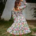 Women Square Neck Floral Dress Long Sleeve Boho Wedding Guest Dresses (S)