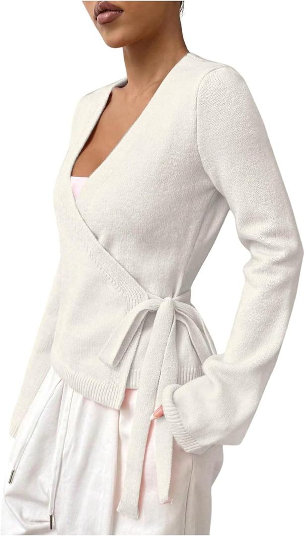 Verdusa Women's Cozy V Neck Wrap Tie Front Cardigan Casual Knit Quiet Luxury Clothes (Large, White)