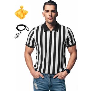 Men's Referee Shirt Collared Official Mens Ref Shirt Jersey Short Sleeve Black and White Stripes Football Halloween Costume (XX-Large)