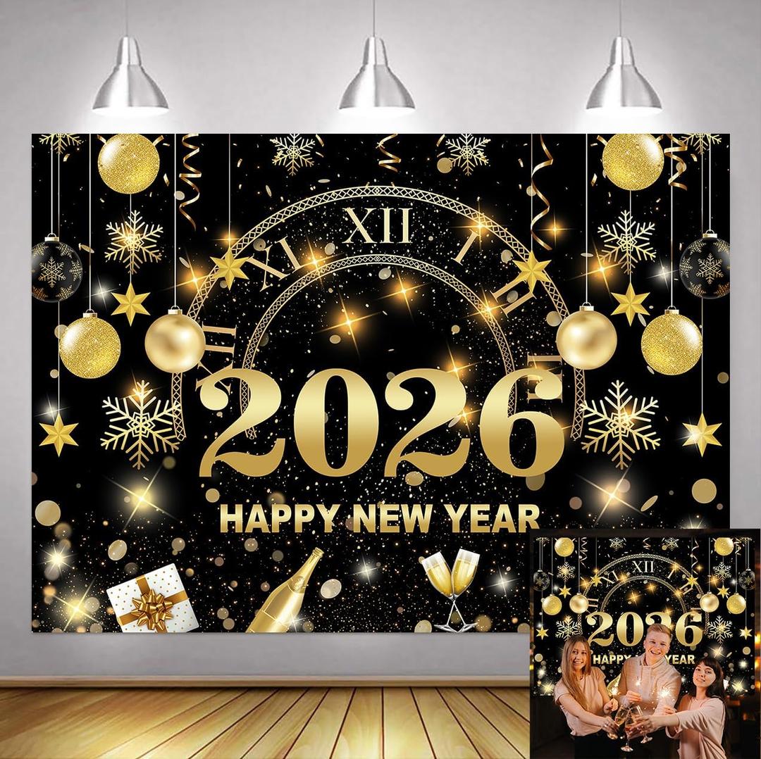 7x5ft 2026 Happy New Year Backdrop Glitter Black and Gold New Years Eve Photography Background New Years Holiday Party Decoration Photo Booth Props Banner Favor