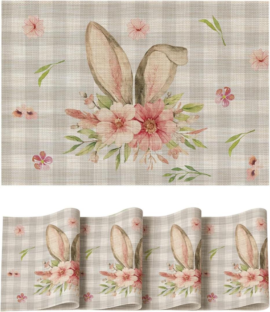Artoid Mode Buffalo Plaid Rabbit Ears Flowers Vinyl Easter Placemats Set of 4, 12x18 Inch Wipeable Non-Slip PVC Place Mats for Party Kitchen Dining Decor