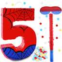 16 Inch Number 5 Spider Pinata with 16 Inch Piata Stick Blindfold Confetti for Boy Girl Kids 5th Birthday Party Decorations (5th)