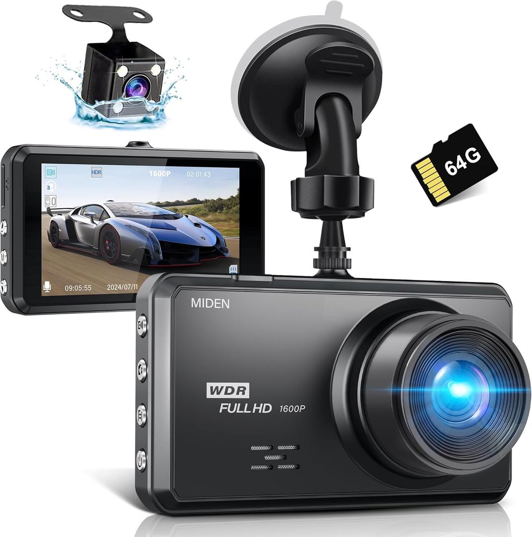 Miden S7 2.5K Dash Cam Front and Rear, 64G SD Card, 1600P + 1080P FHD Dual Dash Camera for Cars, 176° + 160° Wide Angle, 3.2'' IPS Screen Dashcam, G-Sensor, Loop Recording, WDR, Night Vision, 24H Parking Monitor