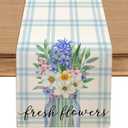 2 x Buffalo Grid Blue Flower Vase Spring Table Runner , Seasonal Summer Table Decoration for Kitchen Dinning Holiday Home Party Decor 13x72 Inch