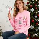 Christmas Shirts for Women Retro Pink Santa Vintage Cute Christmas Tree and Bow Graphic Xmas Vacation Tees Top (Pink, M)