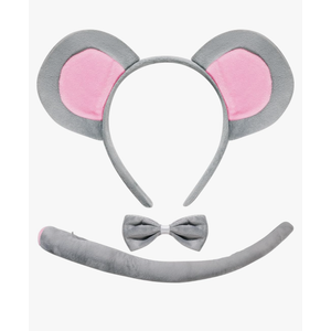 Mouse Costume Ears-Headband-Tail-Bow-Tie Accessories Set : Standing Up Grey and Pink Ears Headband and Tail, Bow Tie Mouse Halloween Accessories Set - for Adult Toddlers and Kids
