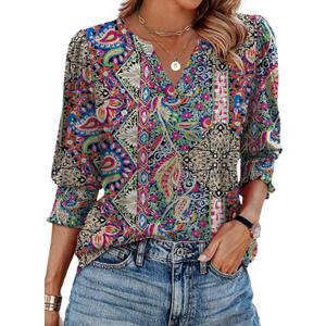 XIEERDUO Blouses for Women Dressy Casual 3/4 Length Sleeve Womens Tops V Neck T Shirts with Smocked Cuffs (XX-Large)