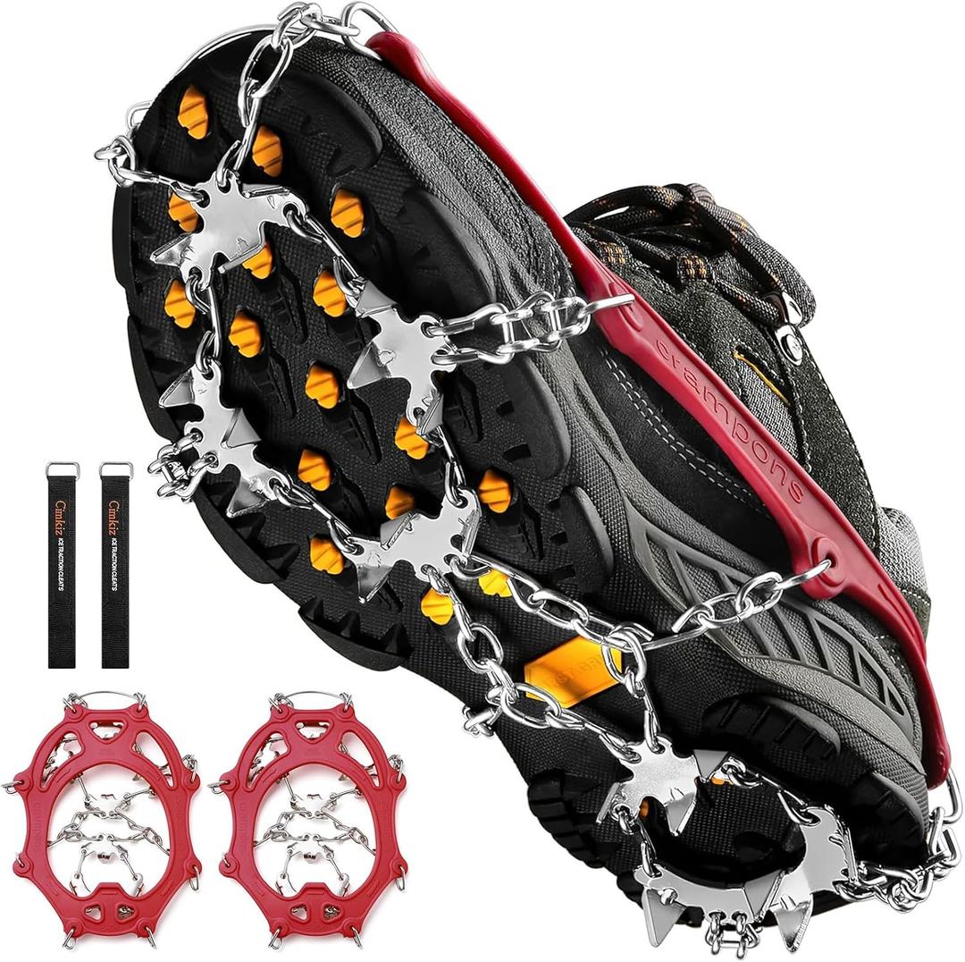 Cimkiz Crampons Ice Cleats Traction Snow Grips for Boots Shoes Women Men Anti Slip 19 Stainless Steel Spikes Safe Protect for Hiking Fishing Walking Climbing Mountaineering (Medium, Red)