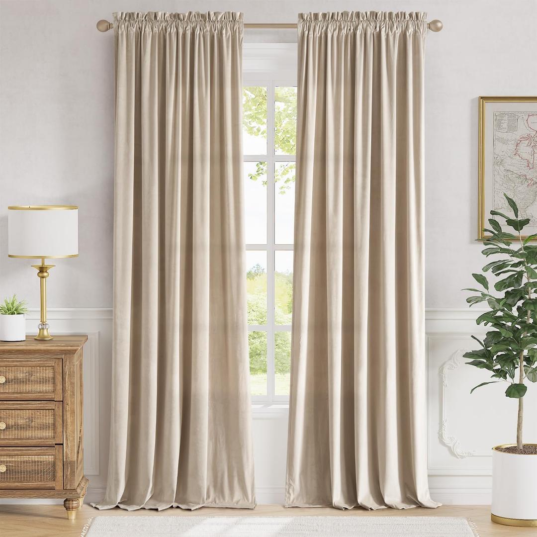 jinchan Velvet Curtains for Bedroom 96 Inches Long Thermal Insulated Living Room Curtains Luxury Cream Beige Room Darkening Curtain Panels Warm Cozy Privacy Window Drapery Rod Pocket 1 Panel W52 x L96