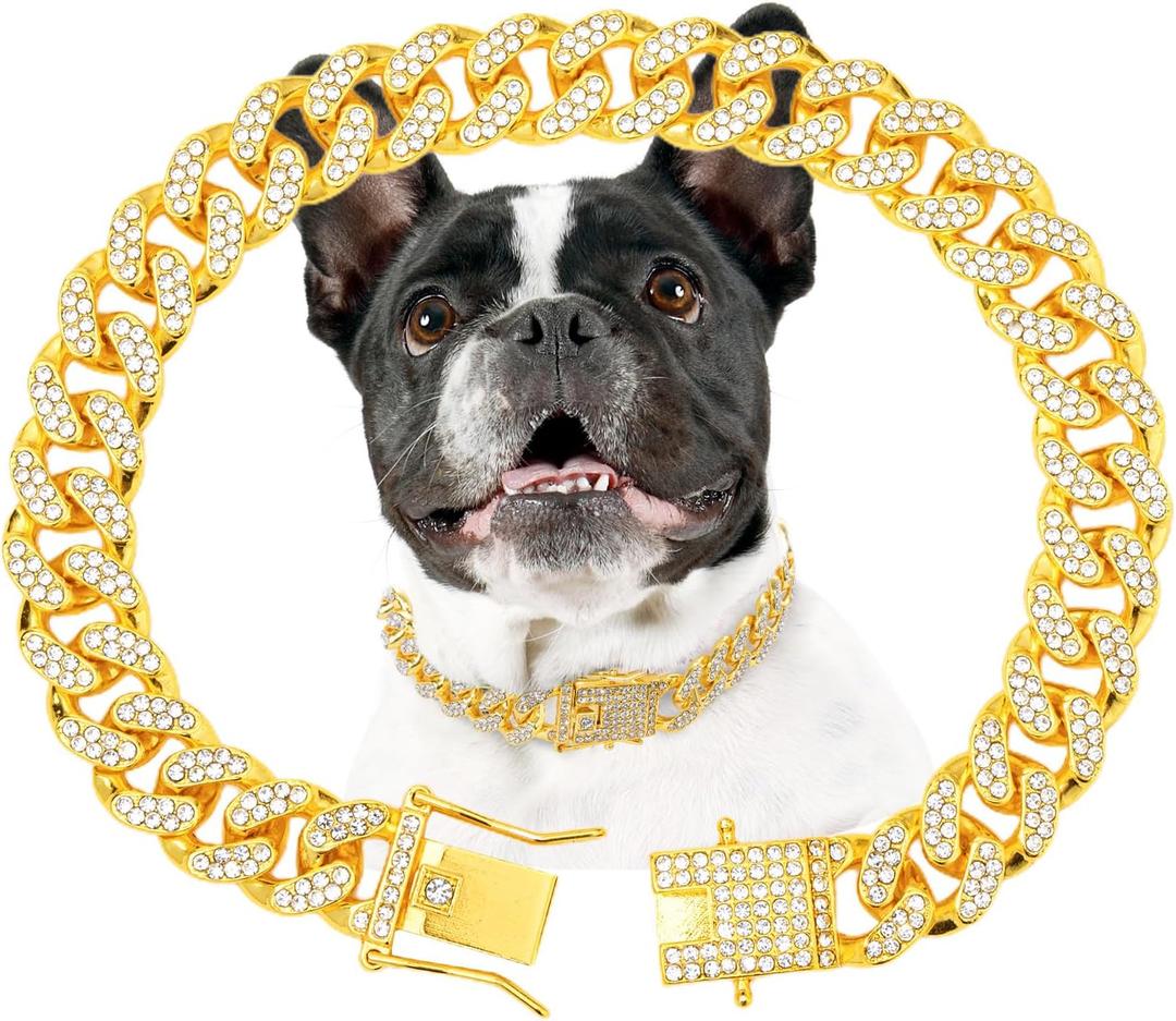 Gold Dog Chain Diamond Dog Collar Walking Metal Chain Collar with Design Secure Buckle Pet Collar Jewelry Accessories Necklace for Small Medium Large (Gold,16 Inch)