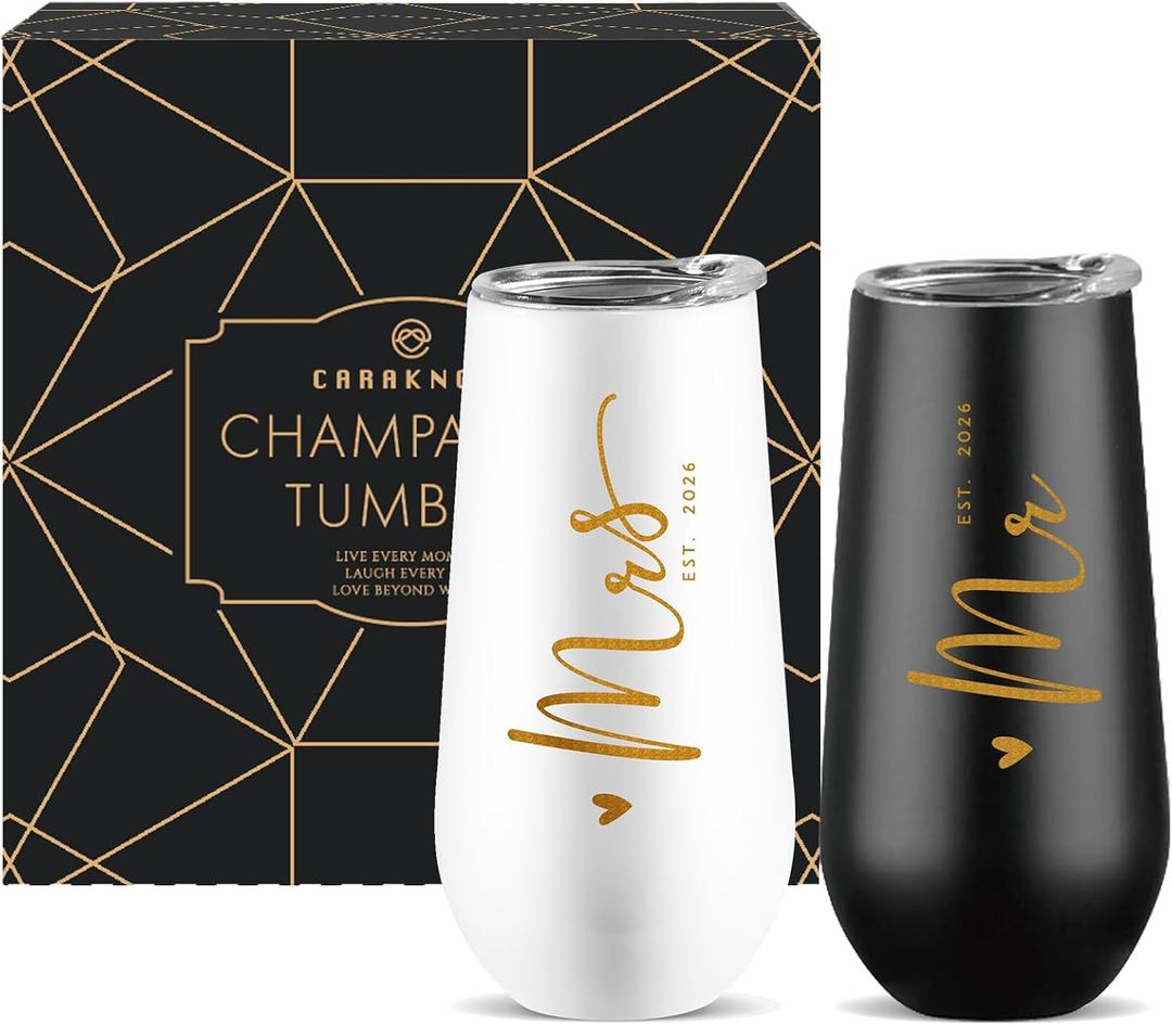 CARANOTS Mr and Mrs Gifts Wedding Gifts for Couples 2026 Bride and Groom Wedding Champagne Flutes for Engagement Anniversary Newly Engaged Cups for Mr and Mrs Champagne Tumbler 10 OZ
