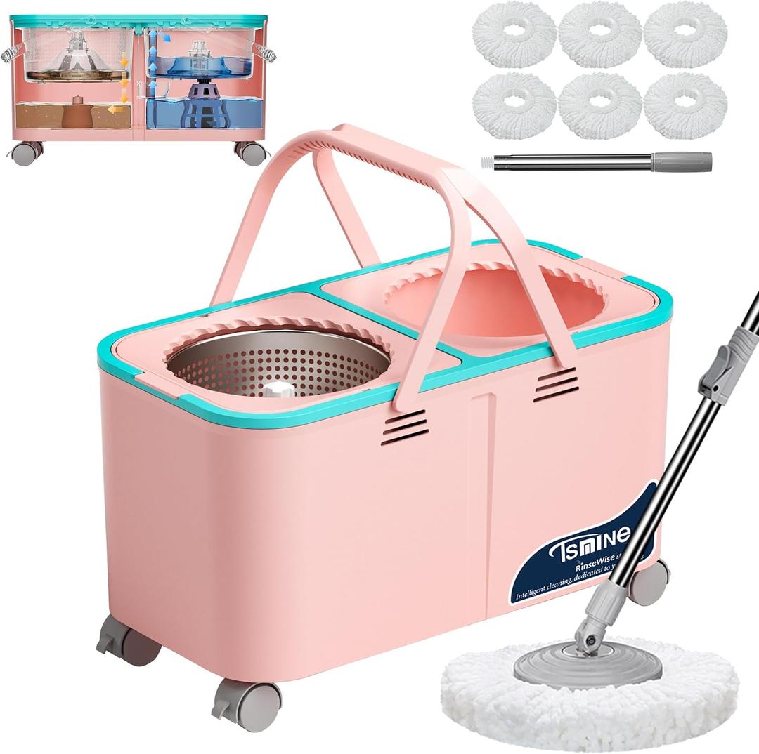 RinseWise Easy-Use Gen 2 Mop Bucket, Clean/Dirty Water Separation, Pink | 1.5 Gal Clean-Water Capacity, 6 Reusable Heads, 4 Swivel Wheels, 61-Inch Handle, For Apartments, Hardwood & Tile Floors