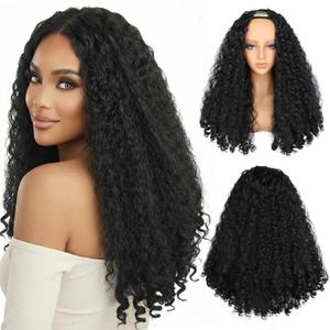 LEEONS 22 Inch Deep Wave U Part Wig for Black Women - Long Synthetic Curly Hair with Unique Bouncy Ends, Glueless U Shape Half Wigs Heat Resistant Fiber, Natural Black (1B#)