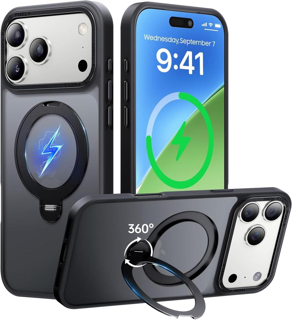 360 Spin Magnetic Stand for iPhone 17 Pro Case, Fit for MagSafe, Mil-STD Protective Case for iPhone 17 Pro Phone Case with Kickstand Rotatable 6.3 inch, Black