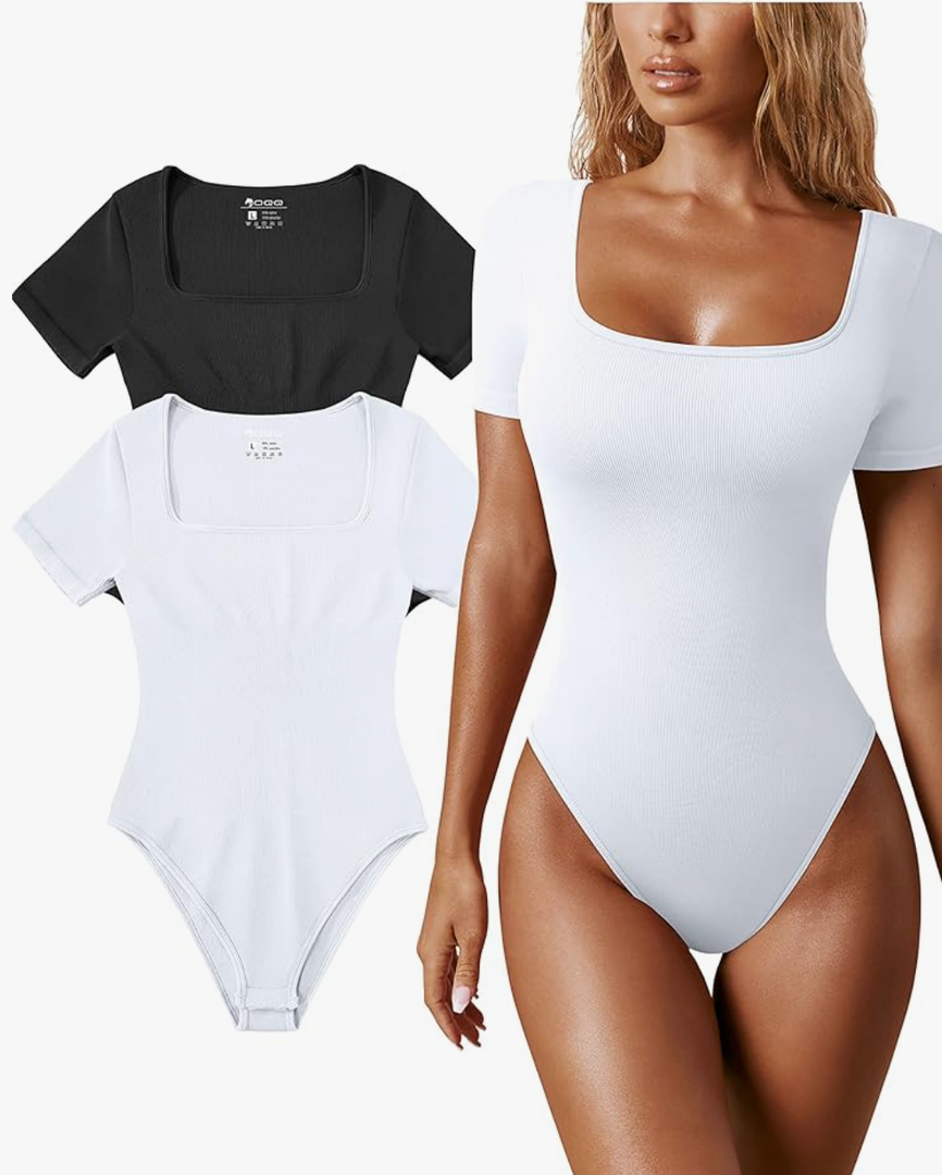 OQQ Women's 2 Piece Bodysuits Sexy Ribbed One Piece Square Neck Short Sleeve Bodysuits,
Color: Black White, Size: XL