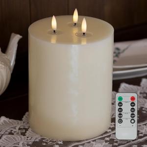 3 Wick Extra Large Flameless Candles, 6"x8" Flat Battery Operated Candles with Remote, Real Wax Led Candle with 3D Flickering Flame, Fake Candles for Home Decor (Ivory)