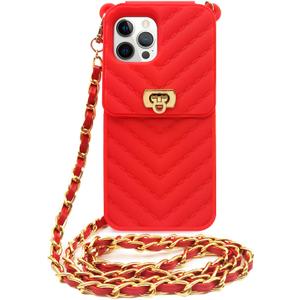 LUVI Crossbody Compatible with iPhone 13 Pro Max Wallet Case with Neck Strap Lanyard Credit Card Holder Purse Handbag for Women Girls Silicone Rubber Soft Protection Cover Red