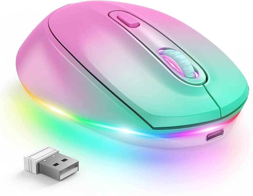 seenda Wireless Mouse, Rechargeable Light Up Mouse for Laptop, Small Cordless Mice with Quiet Click LED Rainbow Lights for PC Computer Kids Chromebook Windows Mac, Gradient Pink