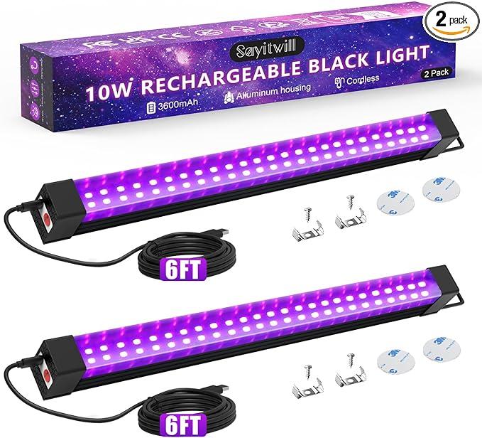 Rechargeable Black Light Bar 2 Packs, Battery Powered Black Lights for Glow Party, Cordless UV Strip Lights with On/Off/Dimma/Flash Switch, for Classroom, Neon,Uranium glass,Paint, Poster,Stage