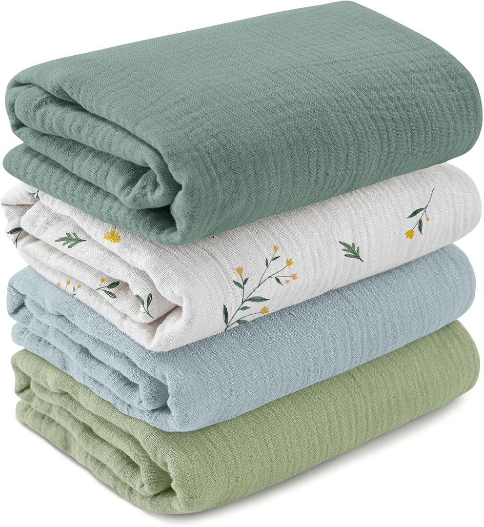 GLLQUEN BABY Muslin Swaddle Blankets for Girls Boy, 4-Pack Baby Blankets for Girl Boy, Newborn Receiving Blanket, Baby Swaddle Blanket Unisex, Baby Essentials, Registry & Gift, 40 x 38 inches (Green & Bud)
