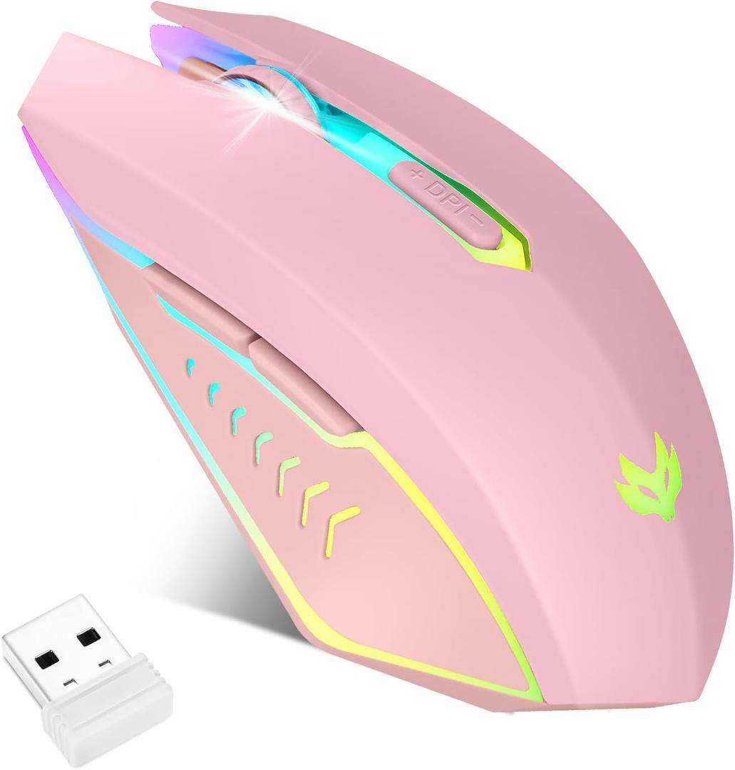 Wireless Gaming Mouse, Rechargeable Computer Mouse, 7-Color LED Light, Ergonomic Mouse with 6 Silent Click Buttons, 3 Adjustable 2400 DPI Wireless Mouse for Laptop,PC,Mac, Pink