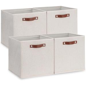Temary Fabric Storage Cubes Storage Bins with Dual Leather Handles, 4 Pack Cube Baskets 13x13 Foldable Cube Organizers for Shelves, Home, Office, Nursery (131313, Beige)