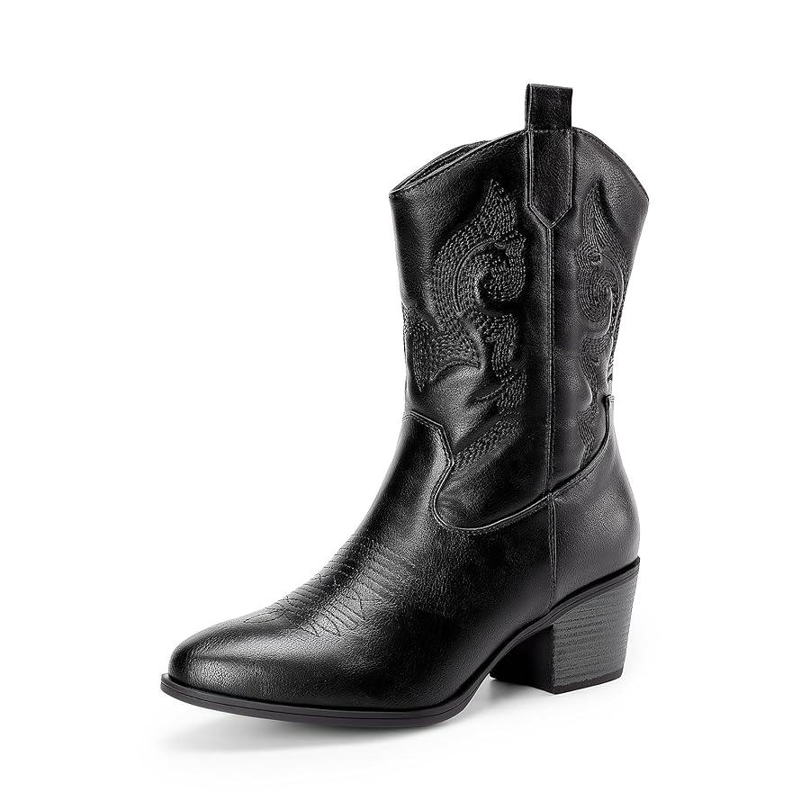 DREAM PAIRS Cowboy Boots for Women, Mid Calf Cowgirl Boots with Embroidery Round Toe Western Chunky Low Heel Shoes 8.5