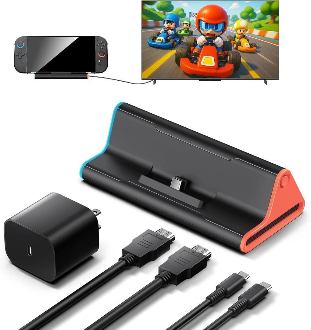Switch 2 Dock with 60W Charger & HDMI Cable, 4K Portable Docking Station for Nintendo Switch2 Console, Travel TV Connector Stand Base, USB-C Charging Cable, AC Adapter Power Cord, Game Accessories Set