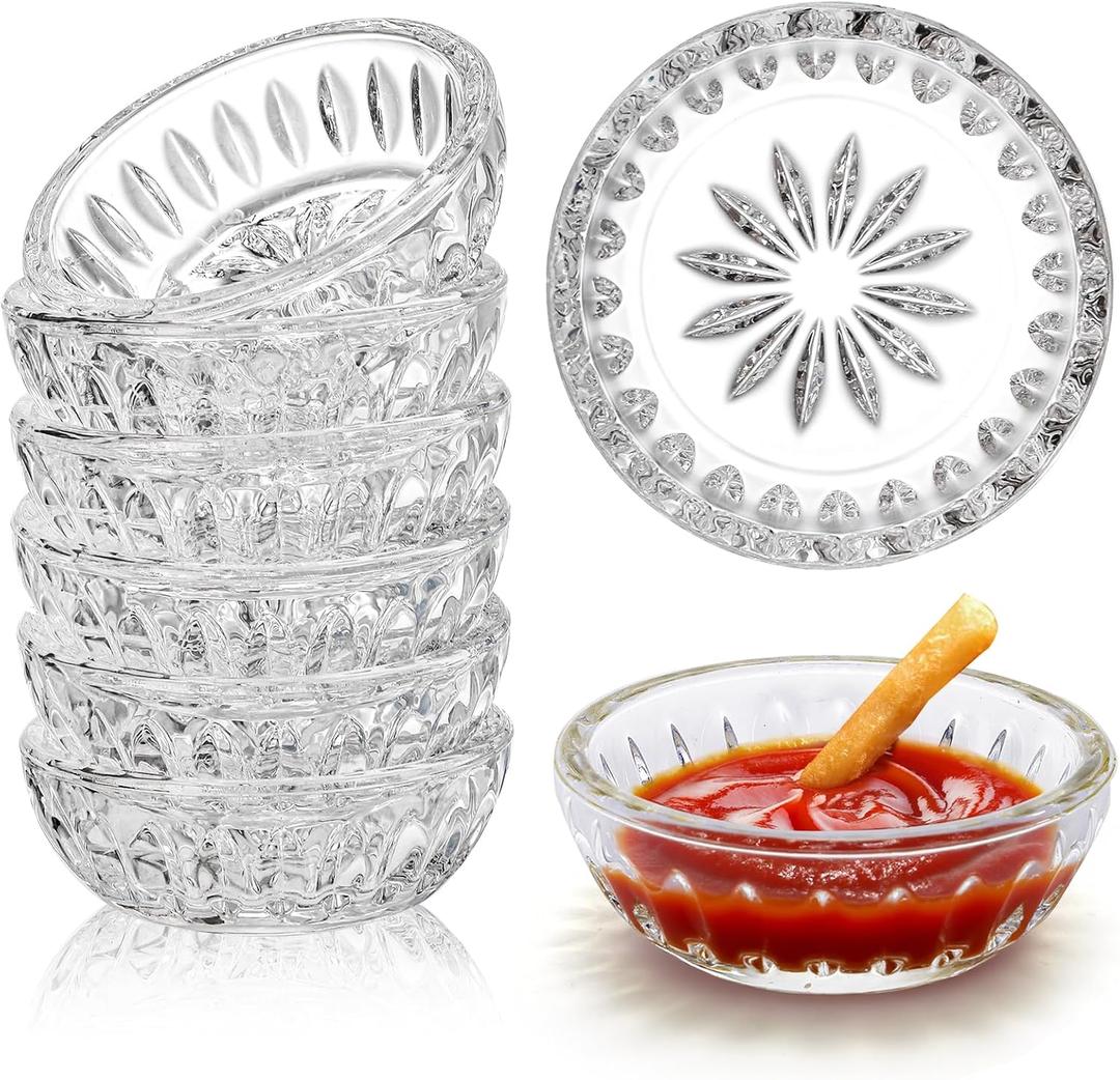 ZEAYEA Set of 8 Glass Pinch Bowls, 2 oz Stackable Small Prep Bowl, Clear Floral Relief Mini Glass Snack Bowls for Dipping Spices Sauce, Dishwasher Safe