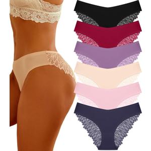 FINETOO 6 Pack Sexy Underwear for Women Silky Seamless No Show Panties Ladies Lace Bikini Lightweight Cheeky Hipster (Large, Black&purple&pink&dark Blue&red&apricot)