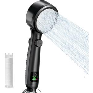 Filter Shower Head, Shower Head with Temperature Display and Filter, High Pressure Water Flow and Multiple Spray Modes (Black)