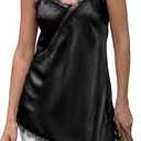 Cicy Bell Womens Summer Satin Lace Cami Tops Sexy V Neck Asymmetrical Backless Camisole Club Spaghetti Strap Silky Dress (XS, Black)