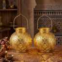 TRIROCKS Set of 2 Moroccan Style Metal Table Lamp 7'' High Battery Powered Cordless Lamp with LED Lights Bulb Perfect for Home Living Room Parties Tabletop Indoors (Gold)