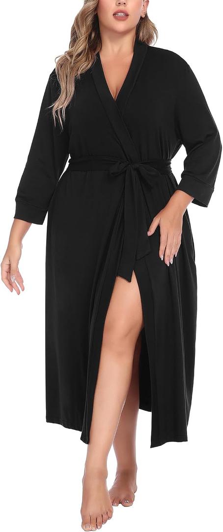 IN'VOLAND Womens Plus Size Kimono Robes Long Knit Bathrobe V Neck Ladies Loungewear Lightweight Soft Sleepwear (Black, XXL)