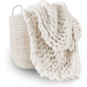 Adyrescia Chunky Knit Blanket Throw | 100% Hand Knit with Jumbo Chenille Yarn (40"x50", Cream White)