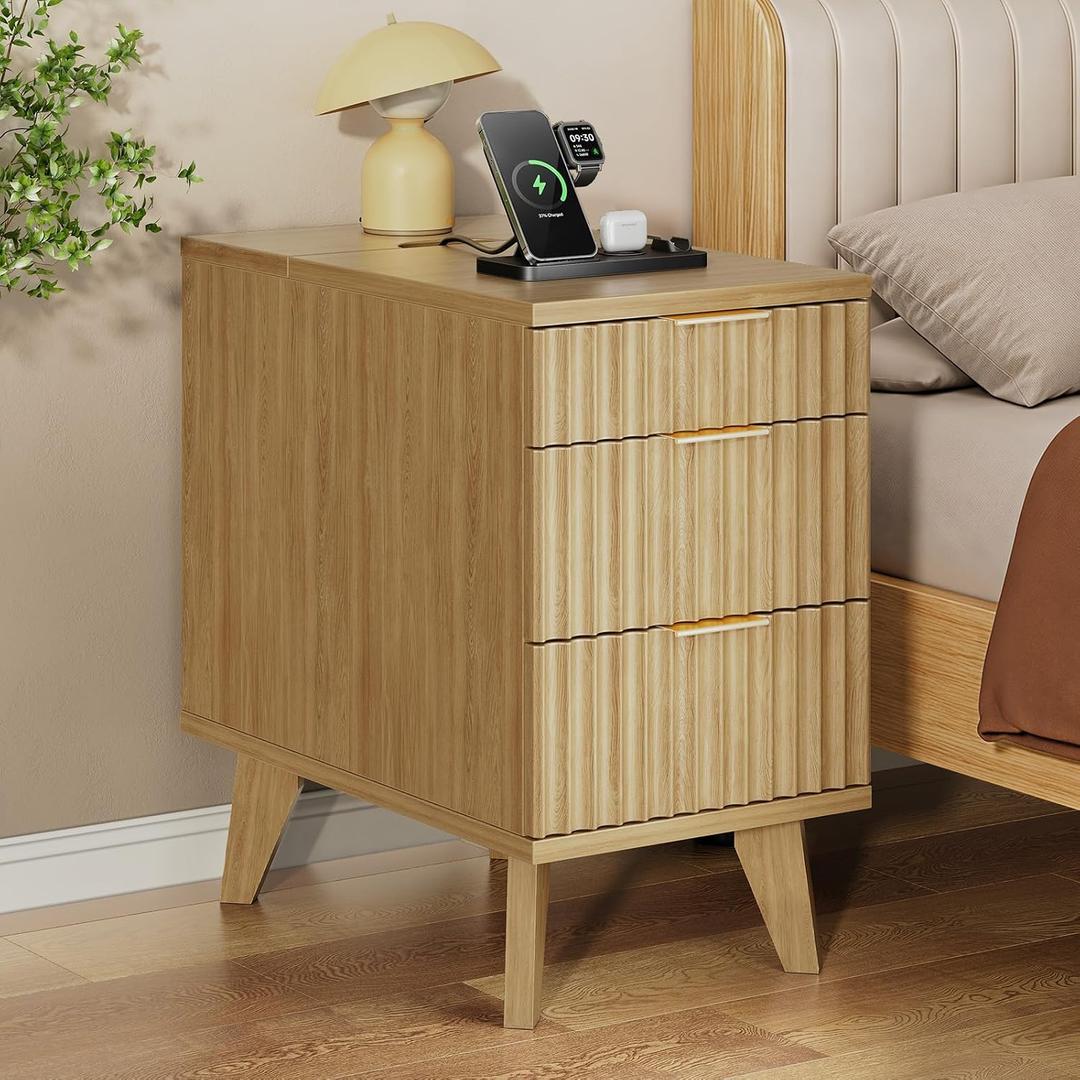 Kalrin Charging Nightstand with Hidden Outlets & 3 Drawers, Modern End Table, Bedside Table with USB Ports, Wave Groove Design, Compact Size, Heavy Duty Engineered Wood, Natural Wood Color