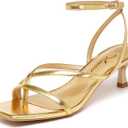 Athlefit Women's Strappy Kitten Heels Square Toe Flip Flops Low Heels Ankle Strap Party Dress Thong Heeled Sandals (10, Gold)