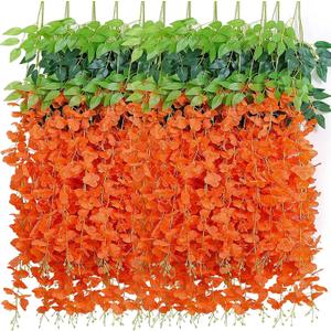 Artificial Flowers 3.75 Feet Wisteria Garland Realistic Silk Wisteria Vine for Wedding Party Garden Wall Decoration, Set of 6, Orange