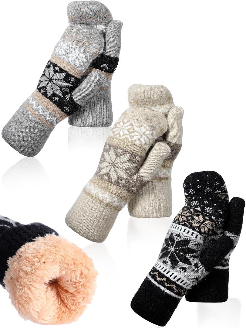 Vicenpal 3 Pairs Women Winter Mittens Snowflake Mitten Fleece Lining Cozy Wool Glove Cold Weather Thick Warm Knitted