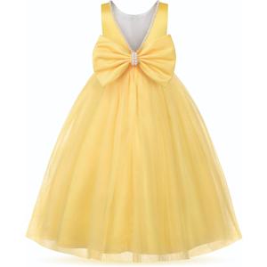 Uhnice Flower Girl Pearls Dress V-Back Tulle Ball Gown Satin Prom with Bow-Knot for Wedding Pageant Birthday Party (9-10 Years, Yellow)