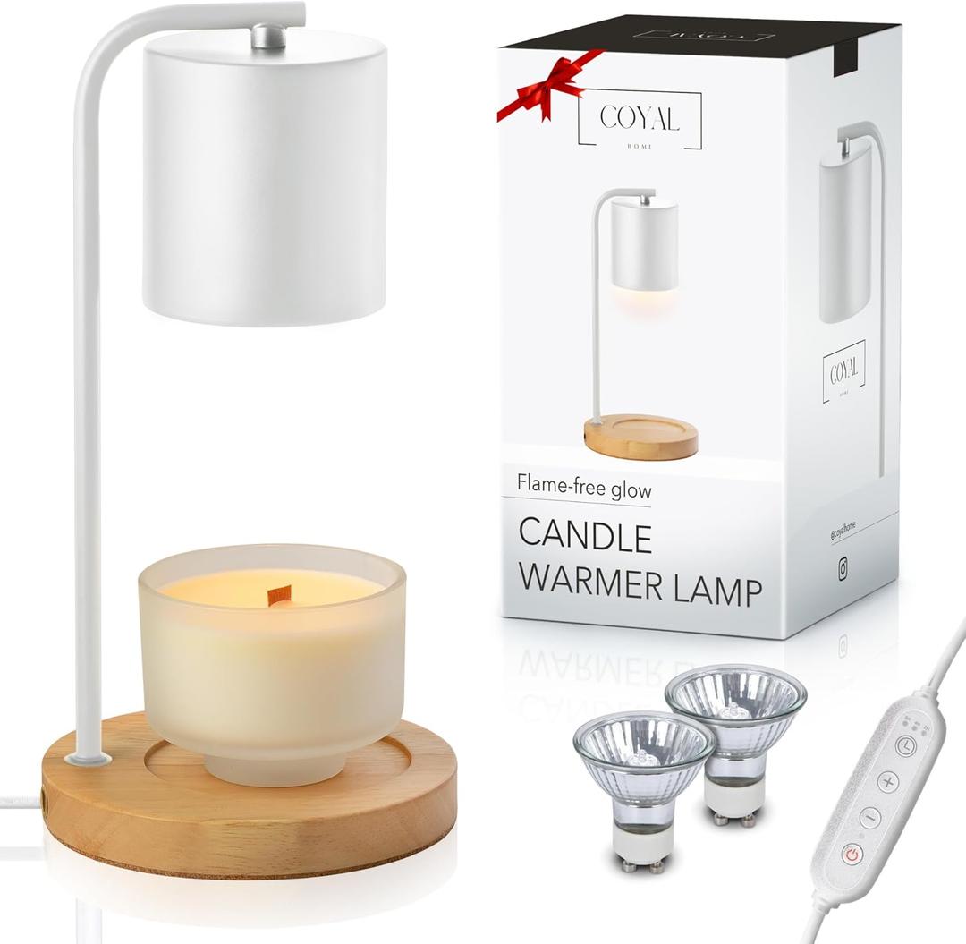 Candle Warmer Lamp with Timer and Dimmer & Includes 2 Bulbs, Electric Wax Candle Lamp Warmer for Jar Candles, Home Decor Aesthetic, and House Warming Gifts - White Wood