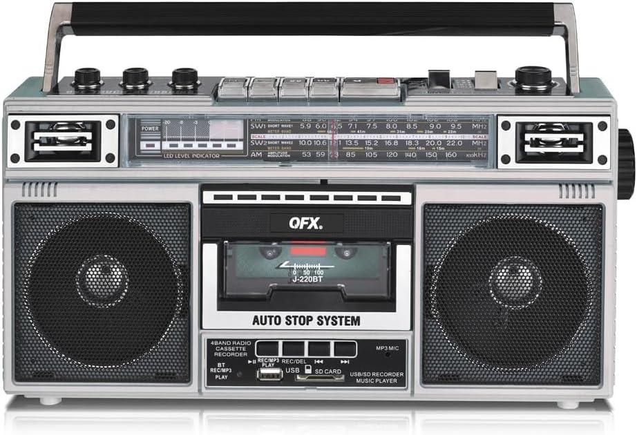 QFX J-220BT Silver Boombox MP3 Conversion from Radio to Cassette with 4-Band (AM, FM, SW1, SW2) Radio with Bluetooth, Dual 3" Speakers, Built-in Microphone, Recorder, 3-Band Equalizer