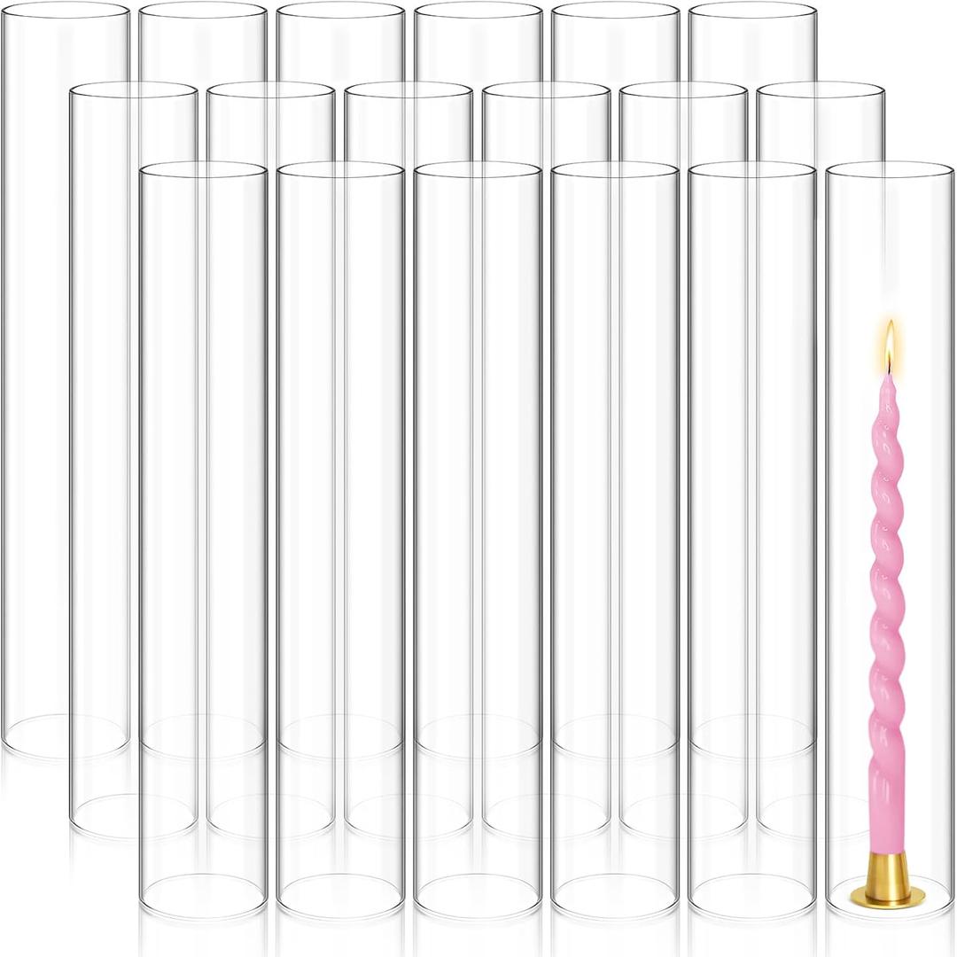 Showgeous 18 PCS Hurricane Candle Holder, D:3" H:14" Open Ended Glass Candle Cylinder Sleeve, Clear Glass Cylinder Candle Holder, Open Flame Candle Chimney Tube Cover, Bottomless Cylindrical Glass