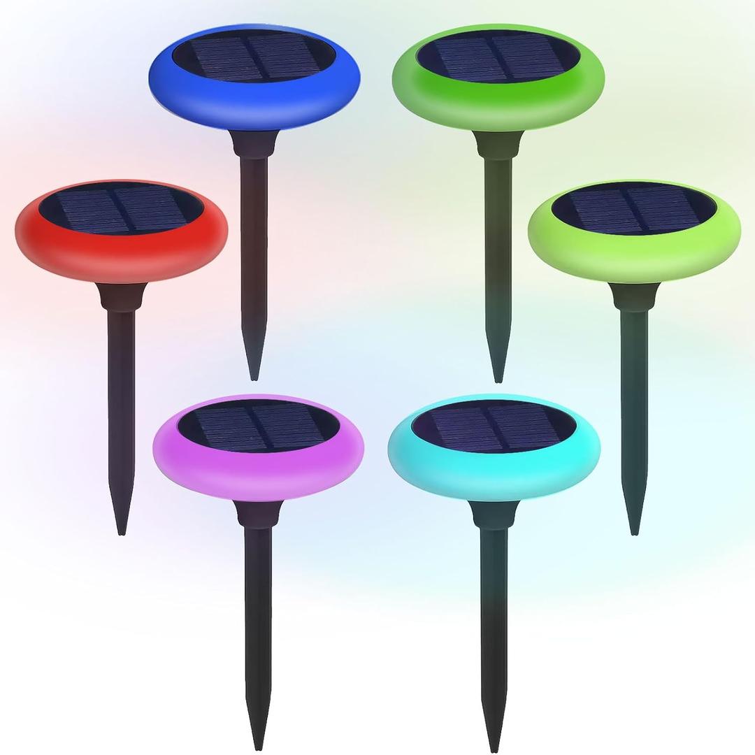 Solar Garden Pathway Lights Color Changing LED Disc Stakes 6 Pack Outdoor Landscape Lighting for Yard Park Walkway Outdoor Solar Lights Solar Driveway Lights
