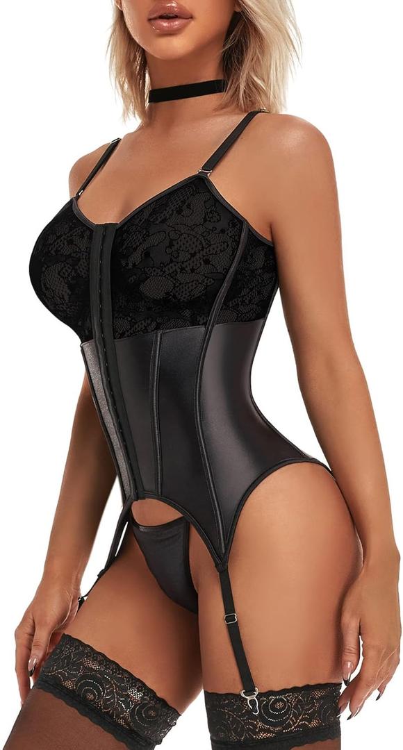 Women's Sexy Lace Lingerie Set with Garter Belt Bodysuit Teddy and Panty (Black)L-XL