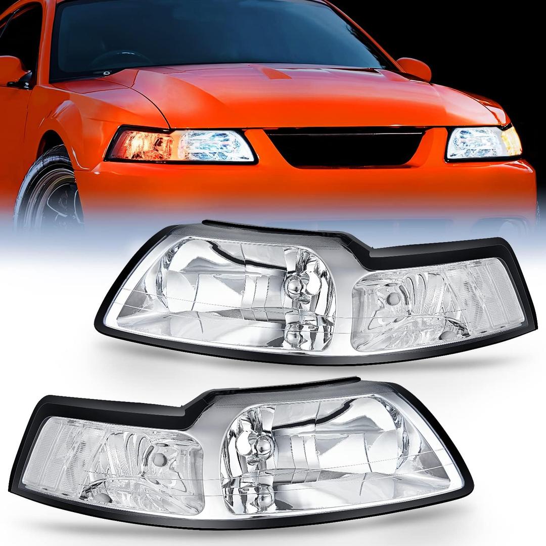 Nilight Headlight Assembly for 1999 2000 2001 2002 2003 2004 Ford Mustang Headlamps Replacement Chrome Housing Clear Reflector Driver and Passenger Side