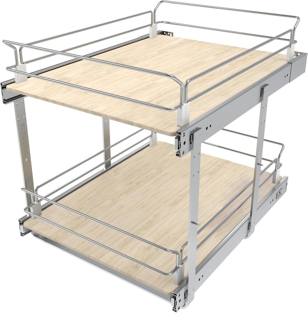 2 Tier Pull Out Cabinet Organizer 18" W X 22" D, Slide Out Drawers For Kitchen Cabinets, Pull Out Drawers For Cabinets Capacity Heavy Duty Caddy, Cabinet Pullout Shelves Wood Chrome, Pantry Storage