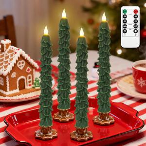 4 Pcs Christmas Tree Candles with Remote, Waxy Flameless Taper Candles Flickering, Green LED Candlesticks Battery Operated for New Year Celebration Holiday Decorations 9.7 Inches
