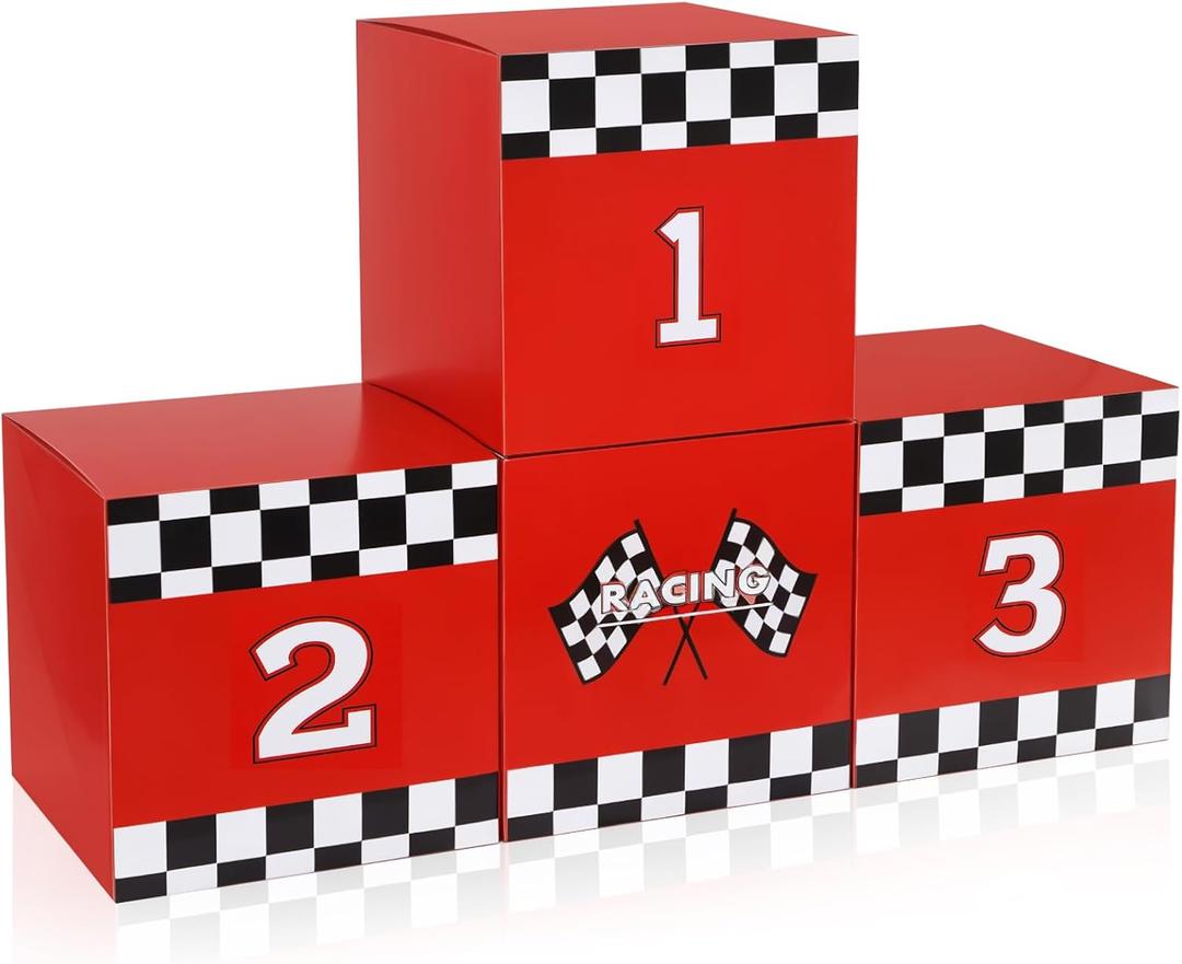 Zhanmai 4 Pcs Large Racing Car Party Boxes 11.8 x 11.8 Inch Goodie Checkered Boxes for Birthday Decor Truck Theme Race Car Podium Centerpiece Decorations Cardboard Party Favors(Red)
